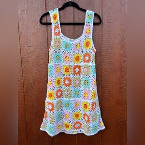 India Boutique Multicolor Crochet Dress size medium granny square boho